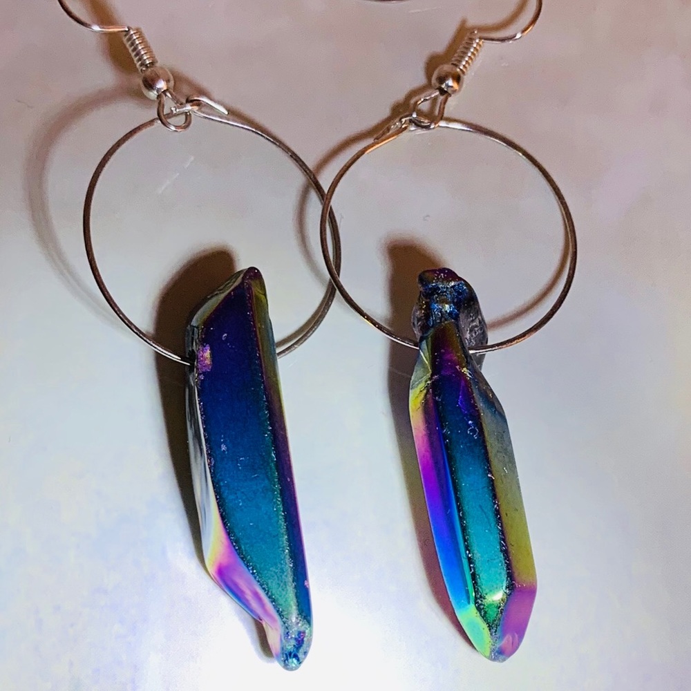 Natural Iridescent Stone Earrings with Silver Hoop